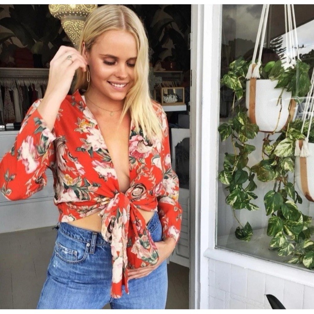 Rolla's‎ Women Red Boho Floral Wrap Cropped Blouse Long Sleeve Size S Festival